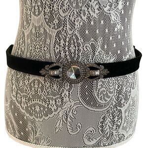 Vintage Chico’s Leather Velvet Belt With Rhinestone Jewel Buckle Black Size M/L